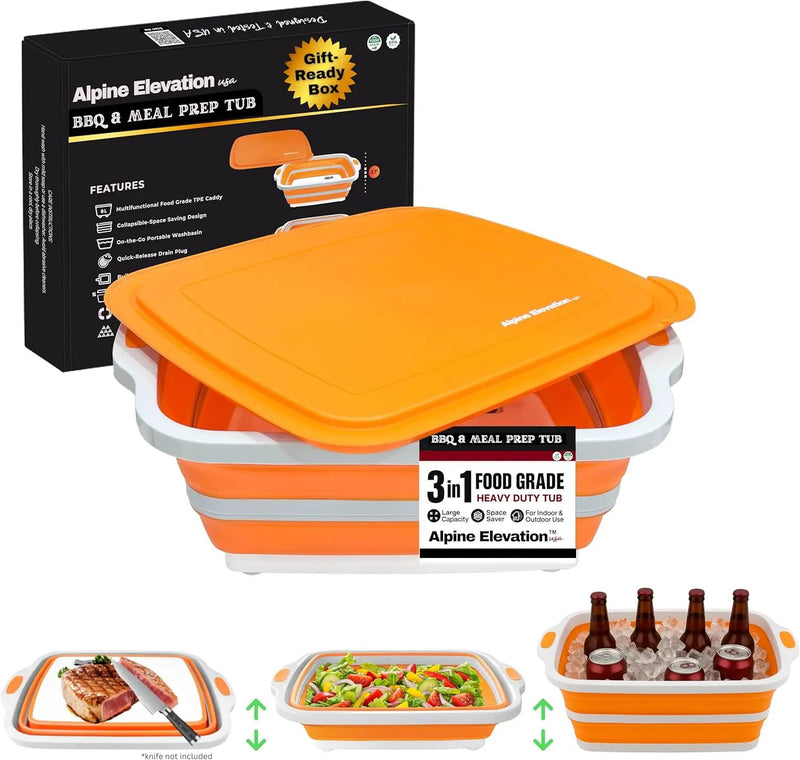 Collapsible Large (8L) BBQ Marinating Tub w/Cutting Board | Multipurpose Food-Grade TPE Prep Tub w/Lid | Built-in Colander & Drain Plug - for Camping | Tailgate | Picnic - Bold Orange by GreenHaven Gardens