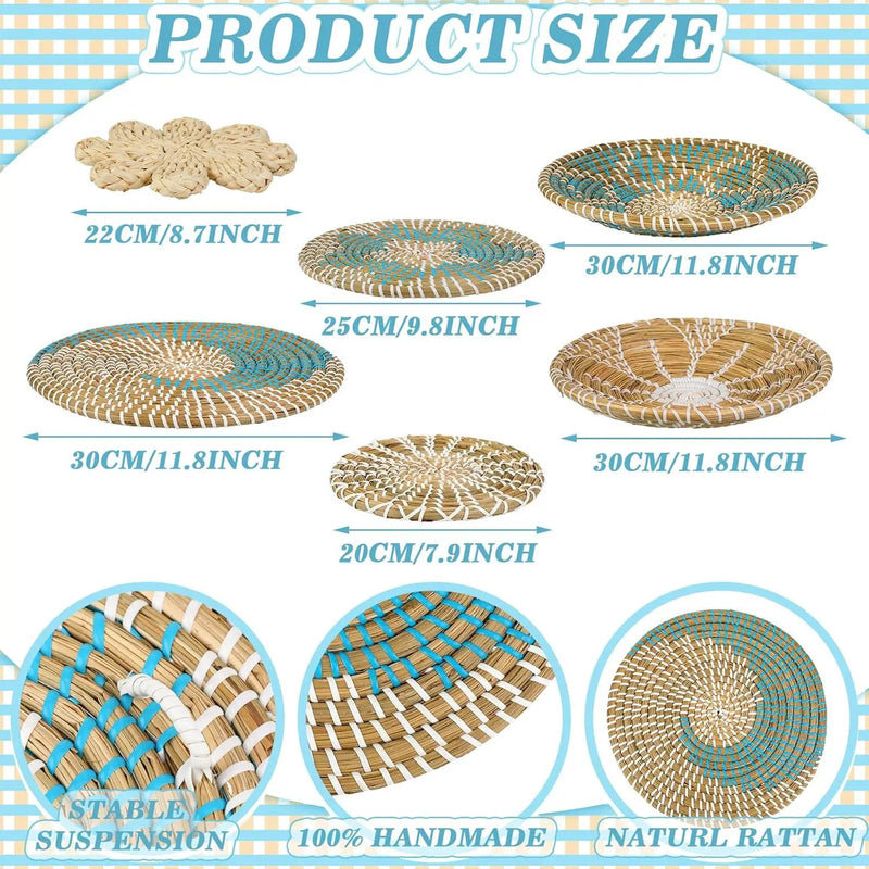 Xuhal Set of 8 Hanging Woven Wall Basket Handmade Decorative Rustic Boho Basket Decor Handcrafted Wicker Round Seagrass Wall Art for Home Kitchen Farmhouse Table Living Room by GreenHaven Gardens