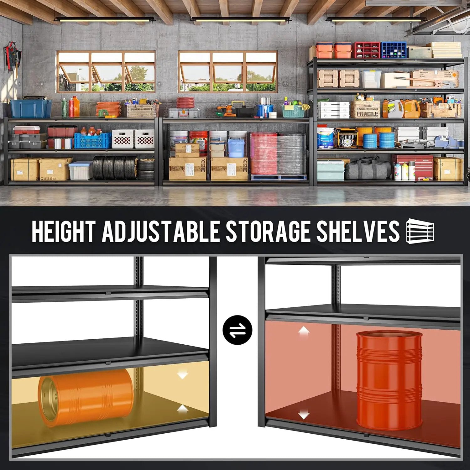 59.8" W x 72.2" H x 24.2" D Metal Storage Shelves, 2650LBS Garage Shelving Unit with Adjustable Shelf, 5 Tier Storage Rack for Garage, Pantry, Warehouse, Basement, Black, 2 Pack by GreenHaven Gardens