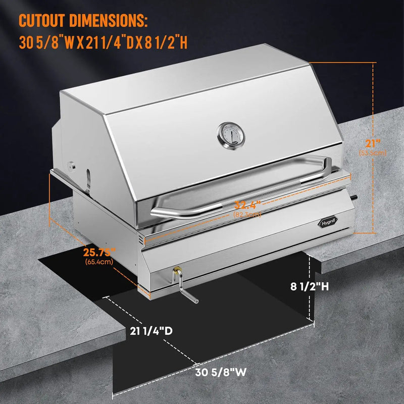 Hygrill Charcoal Grill Head for Outdoor Kitchen, 32-inch Stainless Steel Built-In Grill with Insulated Hood, Temperature Gauge and Fabric Cover by GreenHaven Gardens