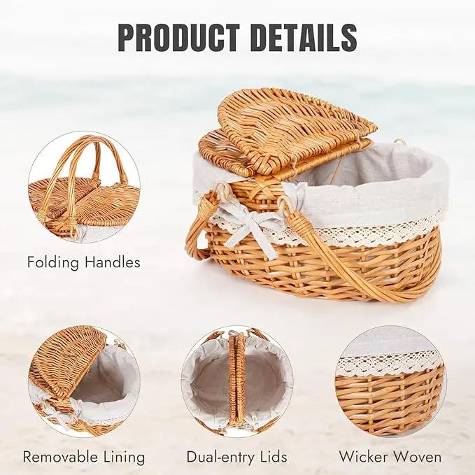 Happypicnic 12" Picnic Basket - Small Wicker Basket with Foldable Handle Lid & Removable Liner | Cute Picnic Basket Toy Empty for Kids, Gift, Halloween, Christmas, Valentines, Easter, Birthday, Solid by GreenHaven Gardens