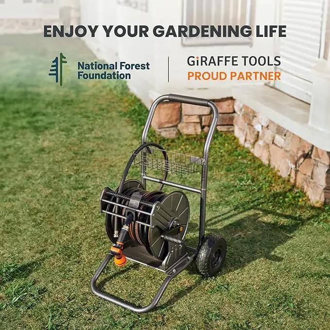 Giraffe Tools Garden Hose Reel Cart with Wheels, Heavy Duty Metal Water Hose Reel Cart, 200 ft of 1/2 Capacity, Mobile Hose Reel Cart for Outside by GreenHaven Gardens