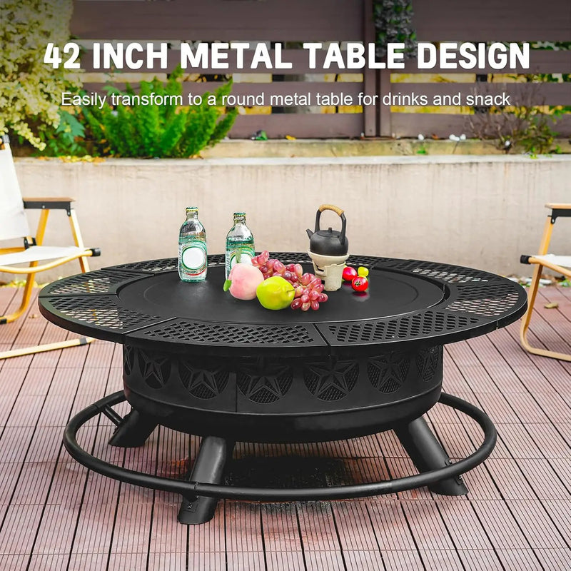 42 Inch BBQ Fire Pit with 2 Grills,3-in-1 Outdoor Round Metal Fire Pit Table with Lid,Fire Poker,Large Outdoor Wood Burning Firepits for Outside,Picnic,Bonfire Backyard Patio(Black) by GreenHaven Gardens