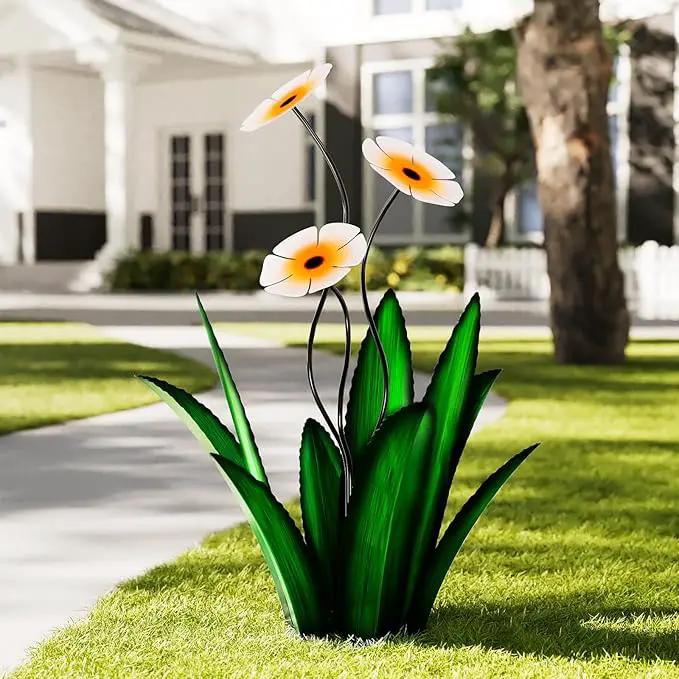 Upgraded Large Metal Yard Art, Metal Agave Plant Yard Decorations Outdoor Sculpture, Metal Flowers for Outside, Waterproof Outdoor Garden Decor (Green + White Flower) by GreenHaven Gardens