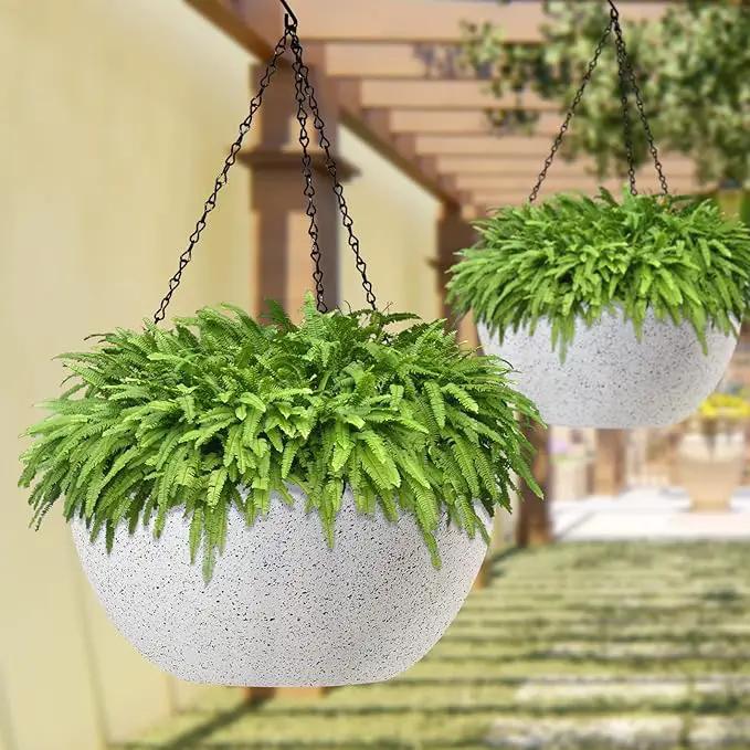 WOUSIWER 13 inch 2Pack Large Hanging Planters for Outdoor Indoor Plants with Drainage Holes and Chain, Round Hanging Flower Pots for Garden Home Porch Decor, White Speckles by GreenHaven Gardens