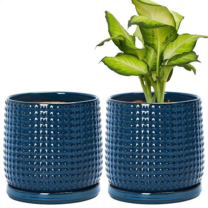 D'vine Dev Set of 2 Ceramic Plants Pots, 6 Inch Beaded Stoneware Flower Pot for Plants with Drainage Hole and Saucer, Midnight Blue, 27-E-X-3 by GreenHaven Gardens