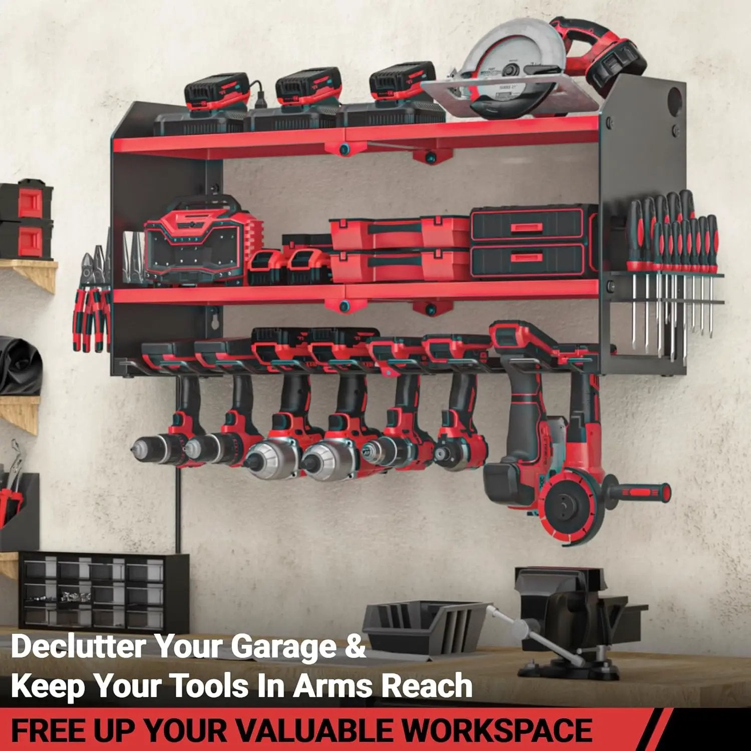 YYR Power Tool Organizer with Charging Station Wall Mount, Cordless Drill and Battery Holder for Garage Organization, Electric Tools Storage Rack Build in Surge Protection Power Strip - Red Shelf by GreenHaven Gardens