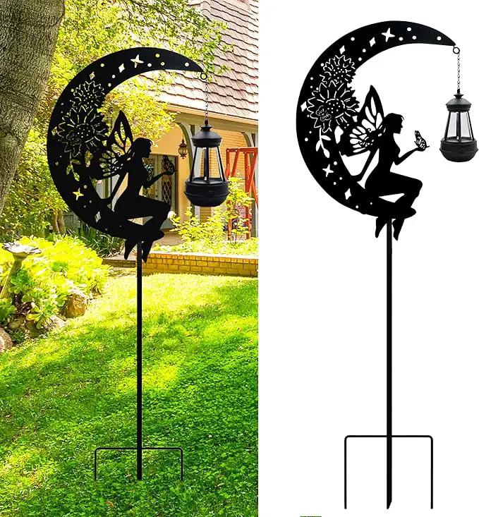Solar Angel Garden Outdoor Stake Holding Solar Lantern Outdoor Decor Metal Large Angel Sitting Moon Silhouette Stakes for Garden Lawn Patio or Courtyard by GreenHaven Gardens