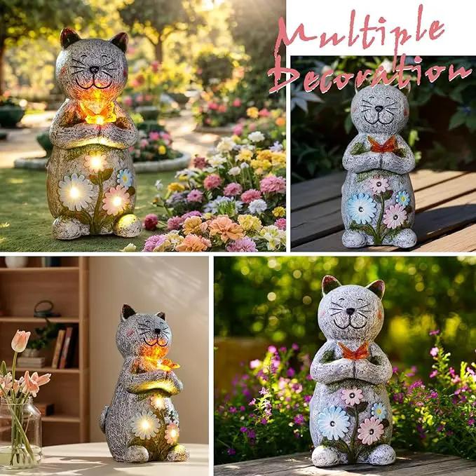 Solar Retro Cat Statue Outdoor - Resin Garden Outside Decorations with Butterfly for Patio,Balcony,Yard,Birthday Gardening Gifts for Women Mom by GreenHaven Gardens