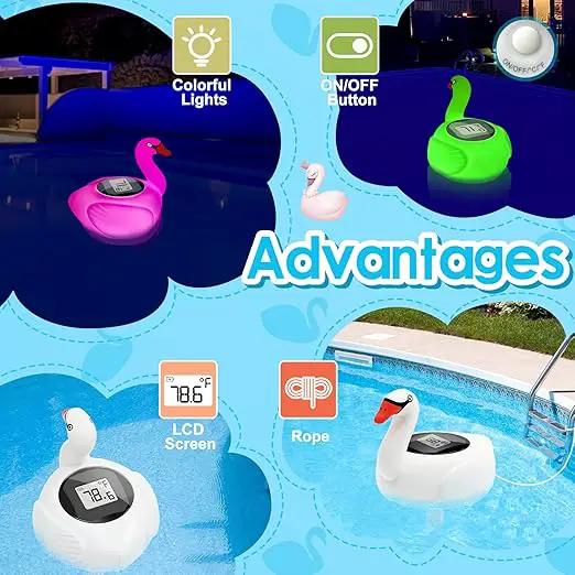 KingSom Digital Pool Thermometer,Solar Pool Thermometer Floating Easy Read with Color Changing Swan Light,Floating Pool Thermometer with Large LCD Screen and String,Pond Water Temperature Thermometer by GreenHaven Gardens