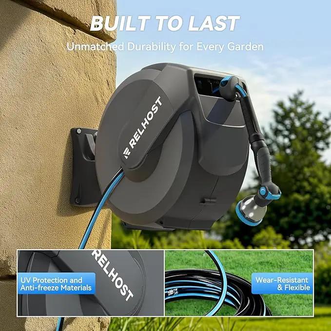 Retractable Garden Hose Reel 100 ft x 5/8 in, Heavy Duty Hose Reel Wall Mount with Any Length Lock, Auto Rewind System, 180° Swivel Bracket, 10-Pattern Garden Hose Nozzle, Dark Grey by GreenHaven Gardens