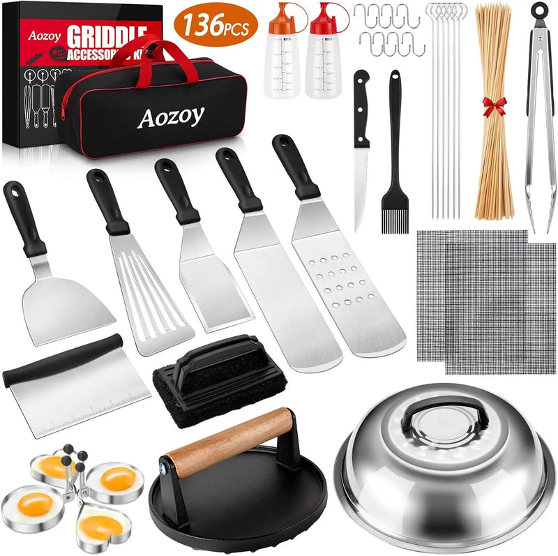 Griddle Accessories Kit - 136PCS Flat Top Grill Accessories for Blackstone and Camp Chef Metal Spatula Tools Set with Burger Press Scraper Tongs Carry Bag for Outdoor Grilling BBQ Cooking by GreenHaven Gardens