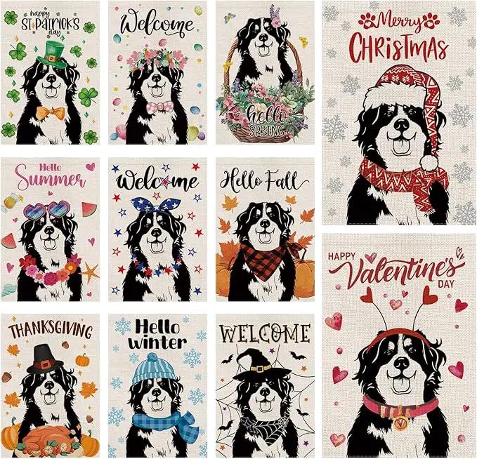 Seasonal Garden Flags Bernese Mountain Double Sided Flags Set of 11 Holiday Farmhouse Indoor Outdoor Yard Lawn Christmas Gifts Decorations 12.5x18 Inch by GreenHaven Gardens