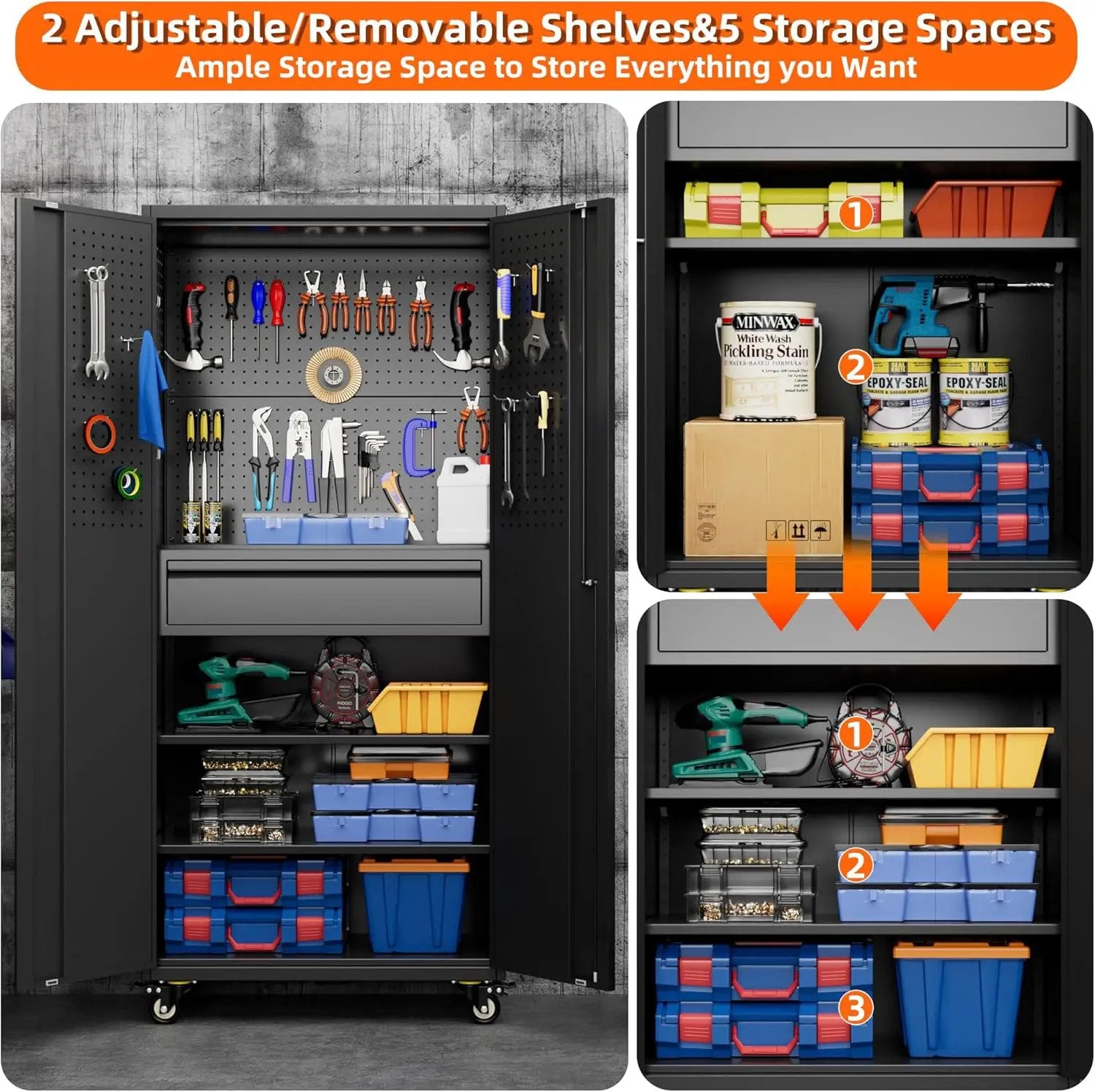 Aobabo Metal Storage Cabinet with Wheels and Adjustable Pegboard, Steel Rolling Tool Cabinet with 16 Hooks and 1 Interior Drawers for Garage, Home, Office, Kitchen, Black, Assembly Required by GreenHaven Gardens