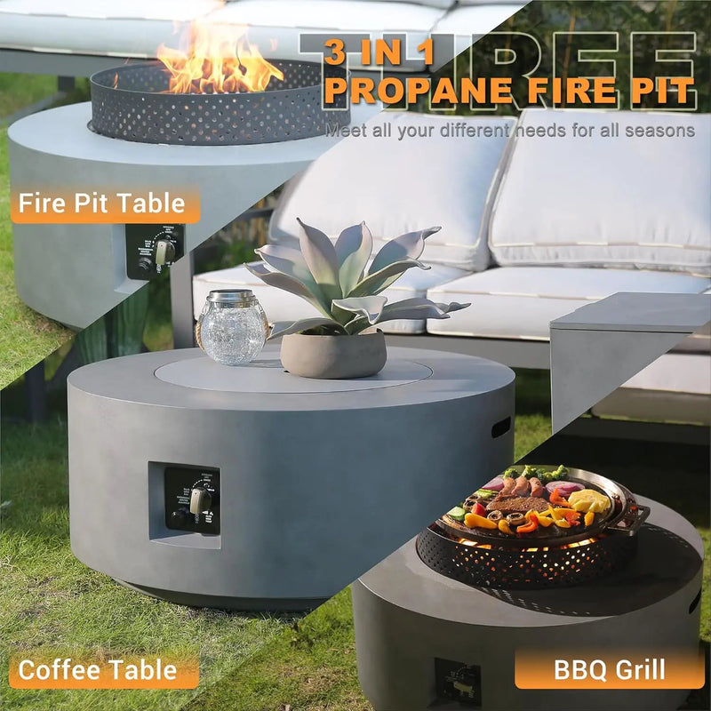 32 Inch Fire Pit Table, 3-Piece Outdoor Propane Fire Pit Table 65,000 BTU Round Gas Firepit, Wind Guard, 16 inches Tank Side Table and Baking Sheet for Garden, Patio, Grey by GreenHaven Gardens