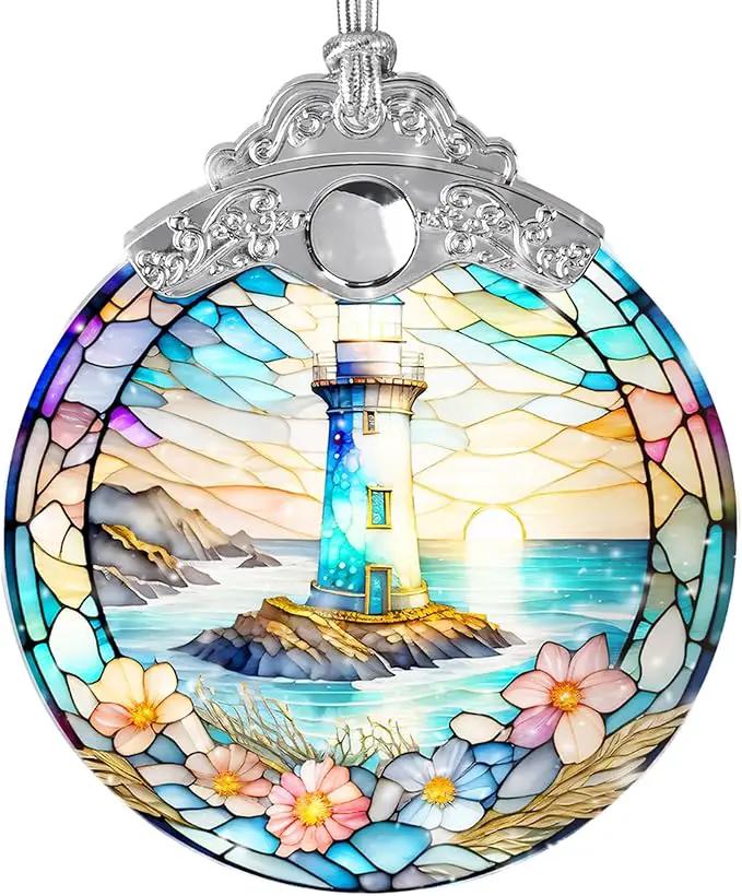 Stained Glass Suncatcher, Jocidea Lighthouse Ornament, Christmas Ornaments, Holidays Ornaments, Christmas Tree Decor, Lighthouse Decor for Home, Lighthouse Gifts by GreenHaven Gardens