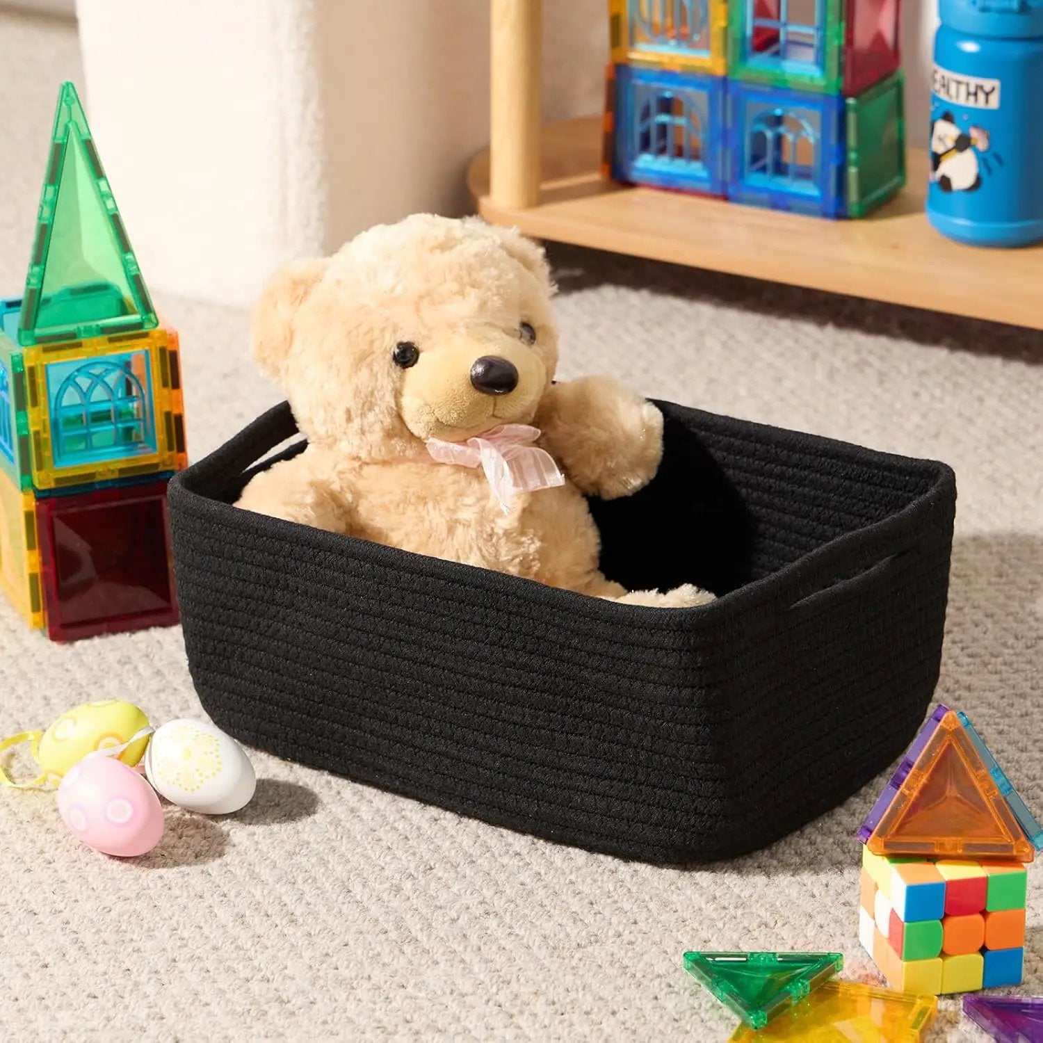 Small Storage Baskets for Organizing | Closet Organizer Bins | Shelf Toy Basket | Woven Rope Baskets | Cube Decorative Box | Shallow Basket | 13x8.5x5.1” | 3 Packs Black by GreenHaven Gardens