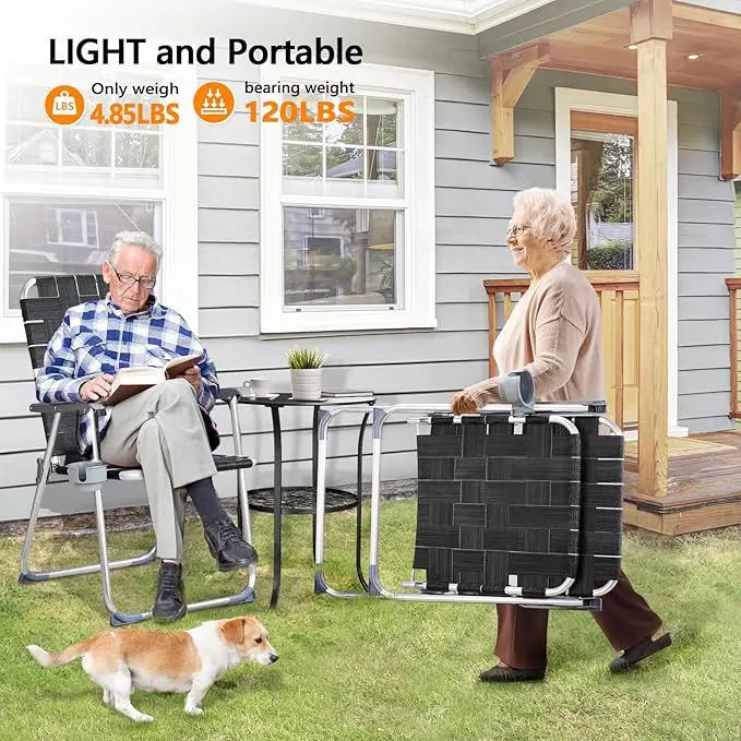 VINGLI Aluminum Oversize Patio Lawn Chairs Folding Set of 2 with Detachable Cup Holder, Webbed Beach Chair Folding Chair Outdoor Portable Camping Chair for Yard, Garden by GreenHaven Gardens