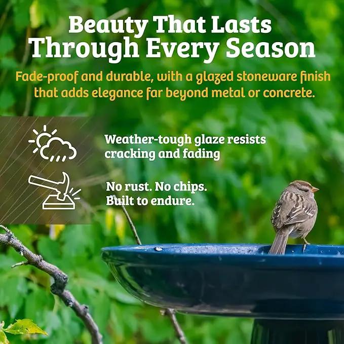 Birds Choice Ohio Stoneware Bird Bath | Pedestal Bird Bath, Stable Locking Top | Weather-Resistant Ceramic Clay, Glazed Finish | Outdoor Garden & Patio Decor | 22" H x 17" D, Summer Blue by GreenHaven Gardens