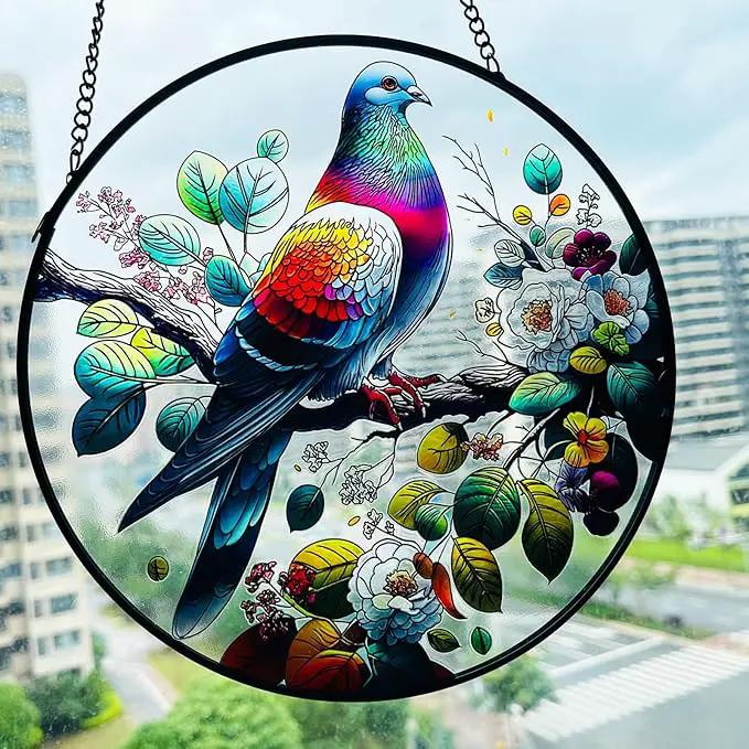 RIVEENY Stained Glass Window Hangings,8" Suncatcher Stained Glass Window Panels,Stained Panel Hangings Gift Women Girls Thanksgiving Birthday Gifts for Mom Grandma (Pigeon) by GreenHaven Gardens