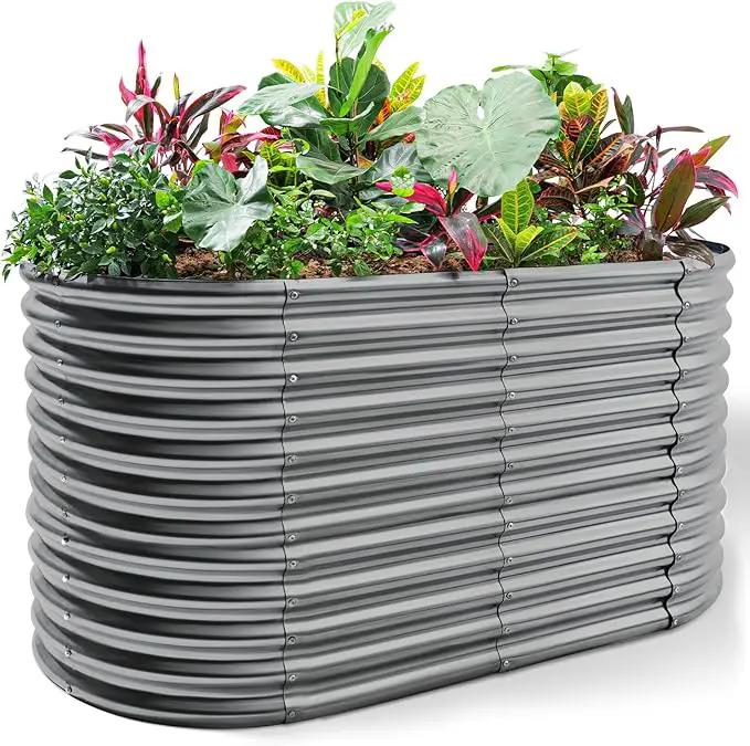 Land Guard 8x4x3ft Oval Galvanized Raised Garden Beds, Large-Capacity Metal Planter Box Outdoor, Durable Deep Raised Garden Bed 3ft Tall, Raised Beds for Gardening Vegetables, Modern Gray by GreenHaven Gardens