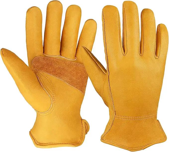 OZERO Flex Grip Leather Work Gloves Stretchable Wrist Tough Cowhide Working Glove 1 Pair (Gold, X-Large) by GreenHaven Gardens