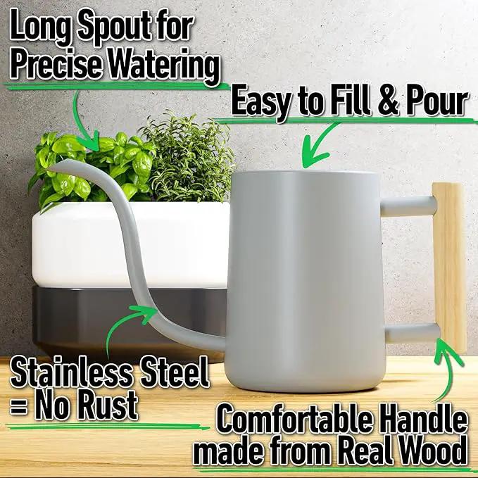 35 oz Metal Small Indoor Watering Can with Long Spout & Real Wood Handle for House Plants, Succulents, Cacti & Seedlings - Gray Long Spout Watering Can Indoor Plants - Stylish, Gentle Flow, No Spills by GreenHaven Gardens
