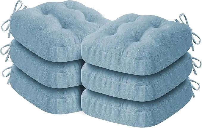 Chair Cushions for Dining Chairs, Dining Chair Cushions, Tufted Indoor Chair Pads with Ties & Non Slip Backing, Seat Cushions for Kitchen Chairs 16.5” x 16.5” x 3.5”, Set of 6, Light Blue by GreenHaven Gardens