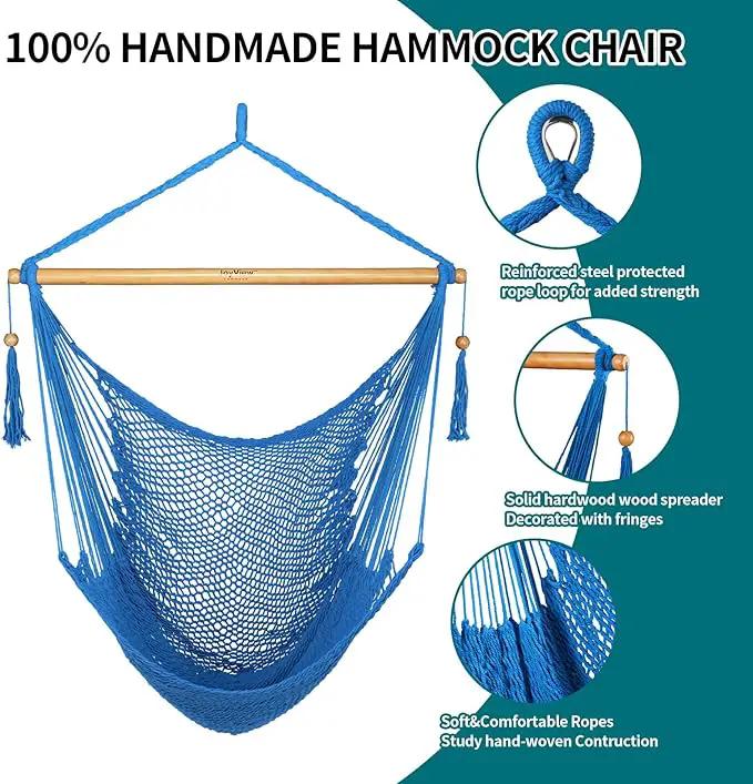 JoyView Hammock Chair with Spreader Bar Caribbean Hammock Swing Chair 300 LBS Weight Capacity XL Rope Hanging Chair for Outdoor Indoor Garden Yard - Light Blue by GreenHaven Gardens