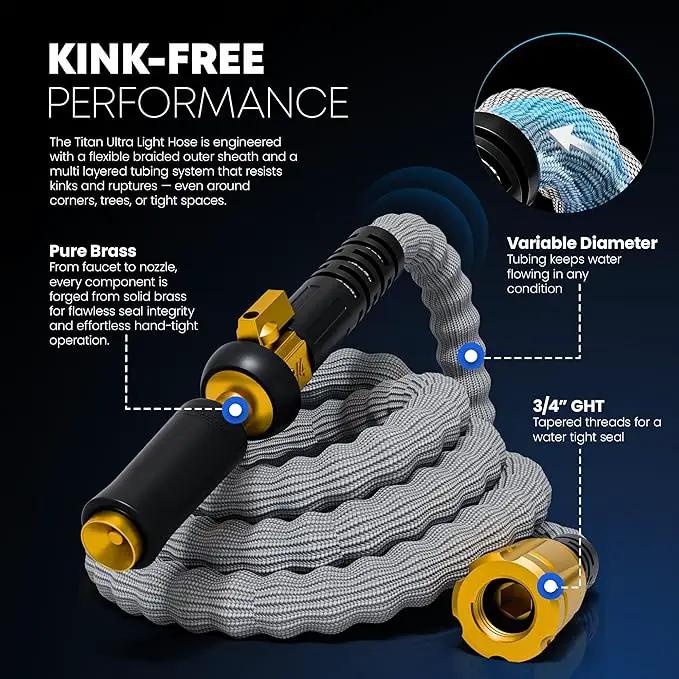 TITAN Flexible Garden Hose 65FT – Ultra Lightweight, Heavy Duty Water Hose with Brass Fittings & Jet Nozzle – Kink-Free, Non-Expanding, Durable Fabric Hose for Yard, Lawn, Car Wash, Outdoor Use by GreenHaven Gardens