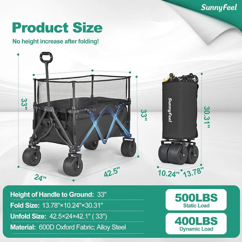 SUNNYFEEL Heavy Duty Collapsible Outdoor Utility Wagon Cart 500LB Capacity Adjustable Handlebar,Foldable Beach Wheels Stable Durable Oxford Fabric for Shopping Garden Camping (Black, Tall Version) by GreenHaven Gardens