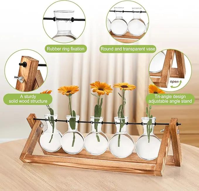 Retro Wood Stand Plant Terrarium with 5 Air Planter Bulb Glass Vases, Perfect for Home, Office, or Wedding Decor. Great Desktop Propagation Station and Plant Lover Gift for Women (5 Bulb Vase) by GreenHaven Gardens