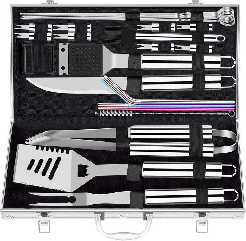 ROMANTICIST 25pcs Extra Thick BBQ Grill Accessories, Fathers Day Grilling Gifts Set for Men Dad, Heavy Duty Grill Tools Utensils Kit with Spatula, Tongs in Aluminum Case for Birthday Silver by GreenHaven Gardens