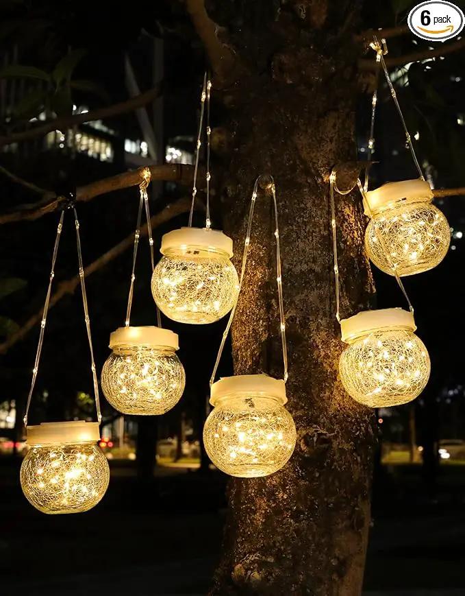Solar Lantern Solar Lights Outdoor Waterproof 6-Pack, Solar Powered Hanging Lights Cracked Glass Hanging Globes for Christmas Decoration, Shepherd Hook, Garden Tree Ornaments, White Cap, Warm White by GreenHaven Gardens