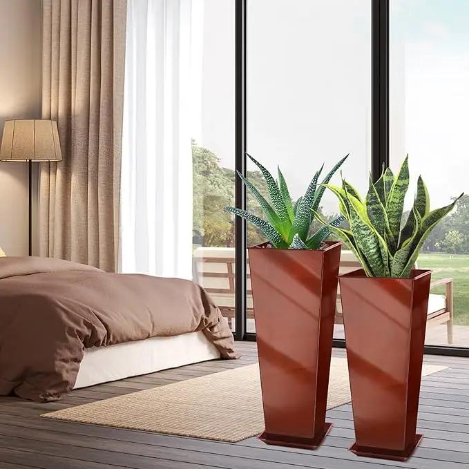 KOL 25'' & 28'' Tall Galvanized Steel Metal Glazed Planter with Insert, Set of 2, Metal Planter Pots for Indoor & Outdoor Use, Decorative Flower Plant Pots for Front Porch, Patio, Deck - Brown by GreenHaven Gardens