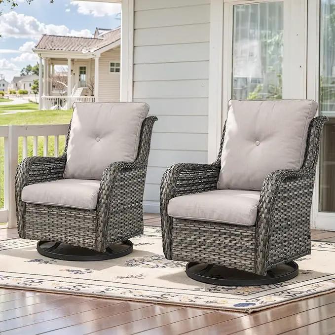 Outdoor Swivel Rcoker Patio Chairs - Outdoor Swivel Patio Chairs Set of 2 Wicker Chair Patio Furniture Sets with Covered Cushion for Porch Deck Balcony Garden, Beige by GreenHaven Gardens