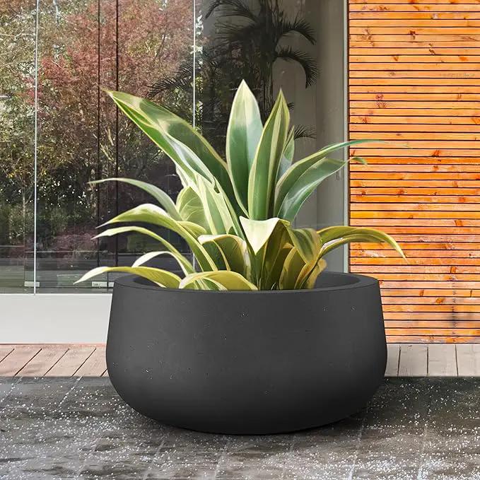 Kante 19.6" Dia Round Concrete Planter, Cement Plant Pots with Drainage Hole and Rubber Plug for Outdoor Indoor Garden Home, Modern Curvaceous Design, Black by GreenHaven Gardens