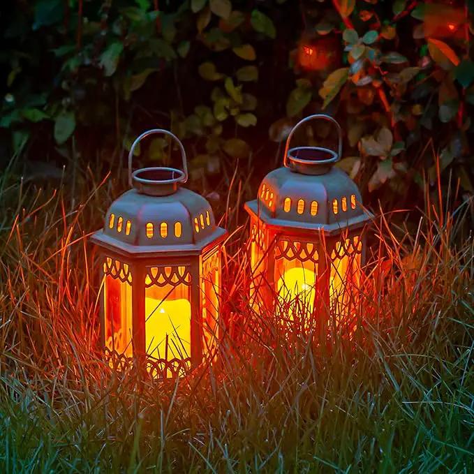 SteadyDoggie Solar Lanterns 2 Pack Green - Hanging Solar Lights with Flickering Candle LED - Retro Ornate Hanging Solar Lantern with Handle by GreenHaven Gardens