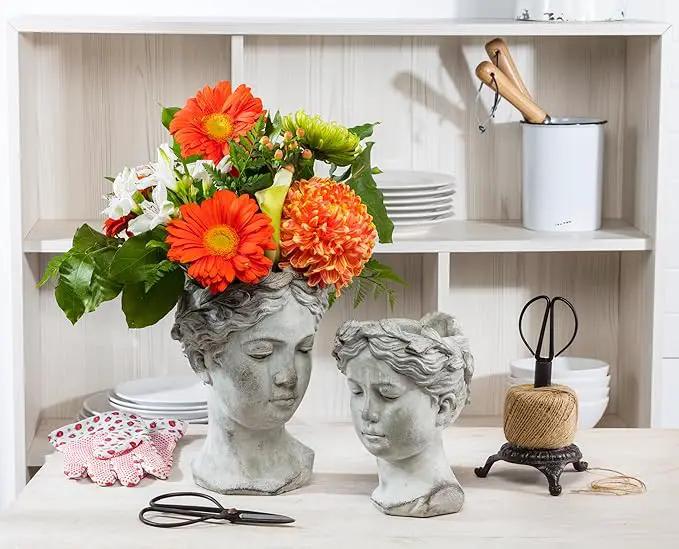 Abbott Collection Goddess Head Planter - Small Cement Indoor and Outdoor Planter Pot - Grecian Woman Statue Head Planter for Flowers and Succulents (Grey, 3.5" Opening) by GreenHaven Gardens