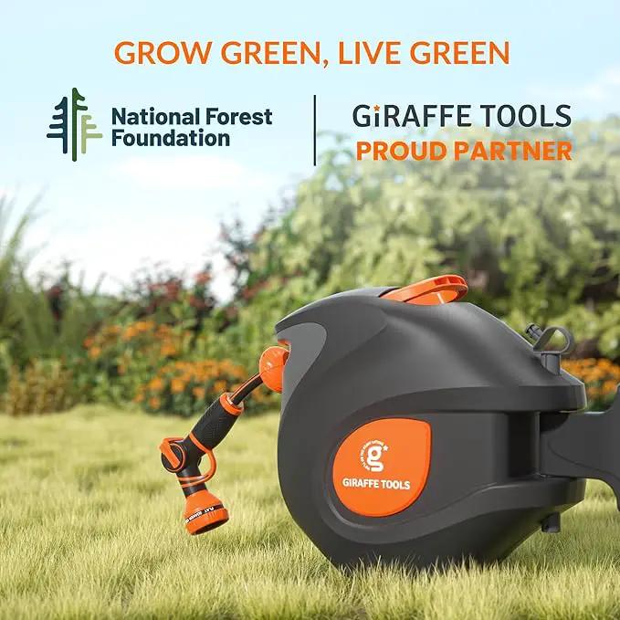 Giraffe Tools BW35 Retractable Garden Hose Reel | Wall-Mounted, Automatic Rewind, 100ft 1/2" Hose with 9-Pattern Spray Nozzle | Outdoor, Lawn, Garden & Car Cleaning Use by GreenHaven Gardens