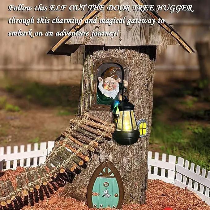 Fairy Garden Statues Gnomes Solar Lantern - Whimsical Elf Out The Door Tree Hugger Figurines Fence Wall Yard Art Home Decor Outdoor Tree Face Sculpture, Ideal Birthday Housewarming Decorations Gifts by GreenHaven Gardens