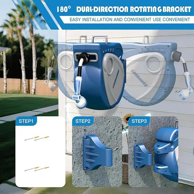 1/2 in × 100 ft Garden Hose Reel,Wall-Mounted Hose Reel with Bottom Drain,180° Rotating Bracket,with 10-Function Sprayer Nozzle,Lockable at Any Length,Equipped with Waterproof Bag(Blue) by GreenHaven Gardens