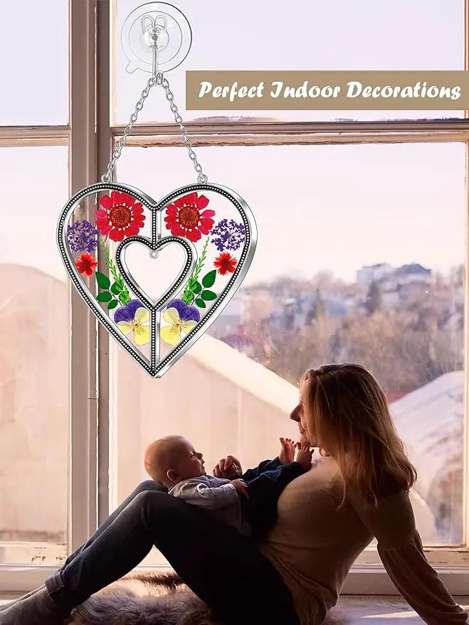 KY&BOSAM Heart Suncatchers DIY Stained Glass Hangings for Windows Wind Chimes Home Gardner Decor with Pressed Real Flowers Heart No Charm Birthday Gifts for Women Mother`s Day Christmas Ornamets by GreenHaven Gardens