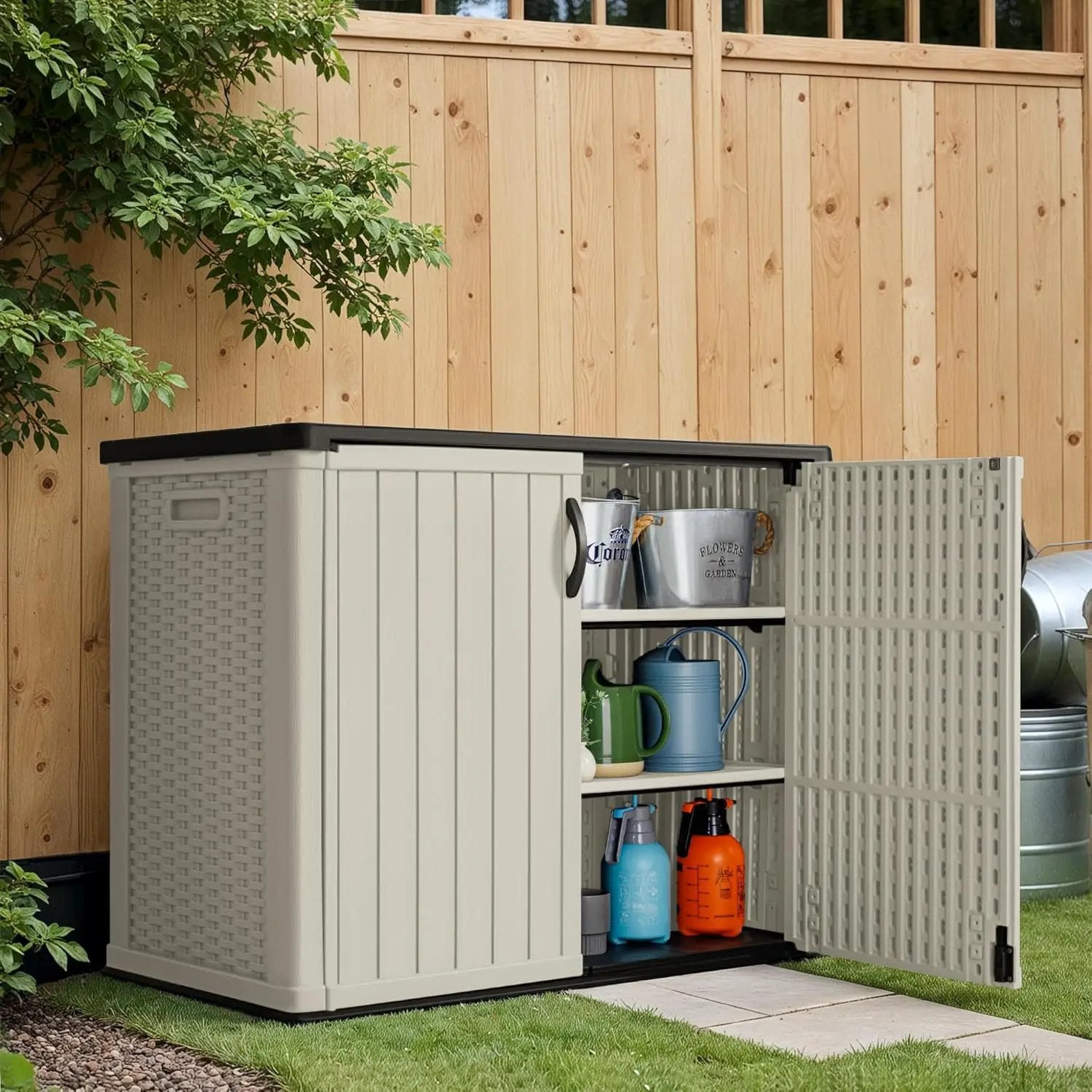 Greesum Shelf of Outdoor Horizontal 27 ft Storage Sheds, for Waterproof and UV Protection 150 Gallon Deck Box, 2 Shelves (Without Shed), Beige by GreenHaven Gardens