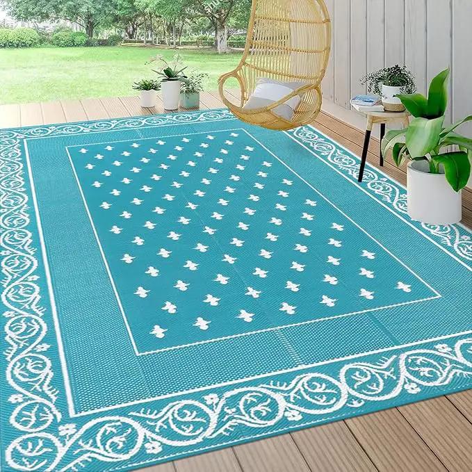 Pauwer Waterproof Outdoor Rug 8x10, Reversible Plastic Straw Patio Camping Rug, Indoor Outdoor RV Mat Carpet for Deck, Camper, Porch, Balcony, Backyard, Picnic, Bordered Teal by GreenHaven Gardens