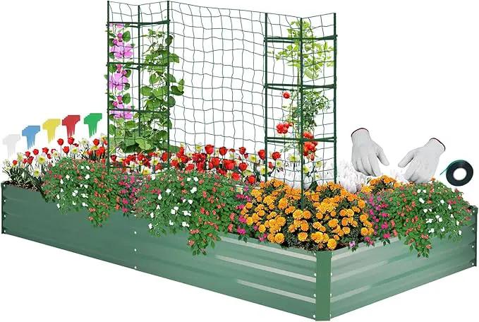ONCEMORE Galvanized Raised Garden Bed for Vegetables Flowers Herbs, Metal Raised Garden Bed Kit with 2 PCS Tomato Cage, Gloves, Trellis Netting, Plant Labels, Plant Ties, Green 8×4×1FT by GreenHaven Gardens