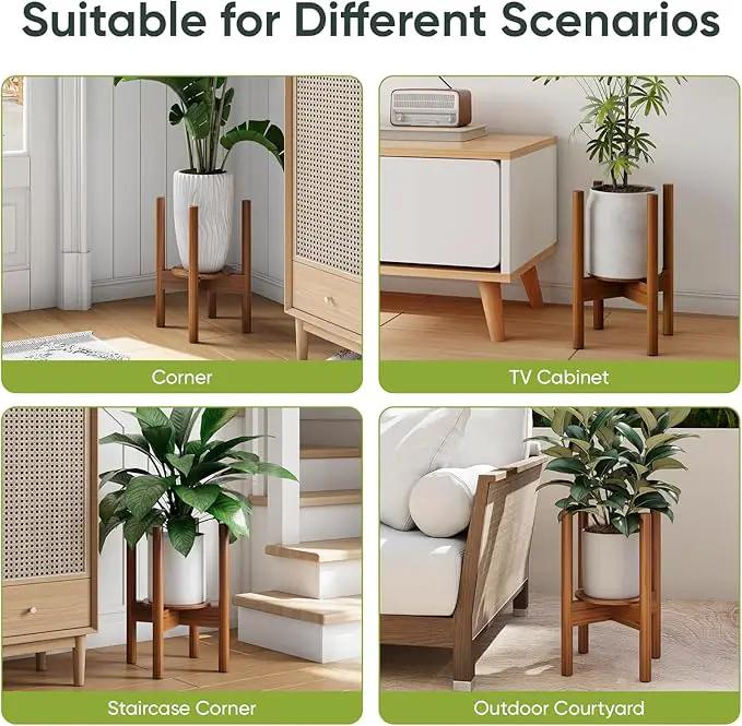 Adjustable Plant Stand, Bamboo Plant Stand Indoor with Tray, Wood Plant Stand for 8 to 12 inches Flower Pots, Single Mid Century Modern Plant Stand for Indoor Plants, Walnut by GreenHaven Gardens