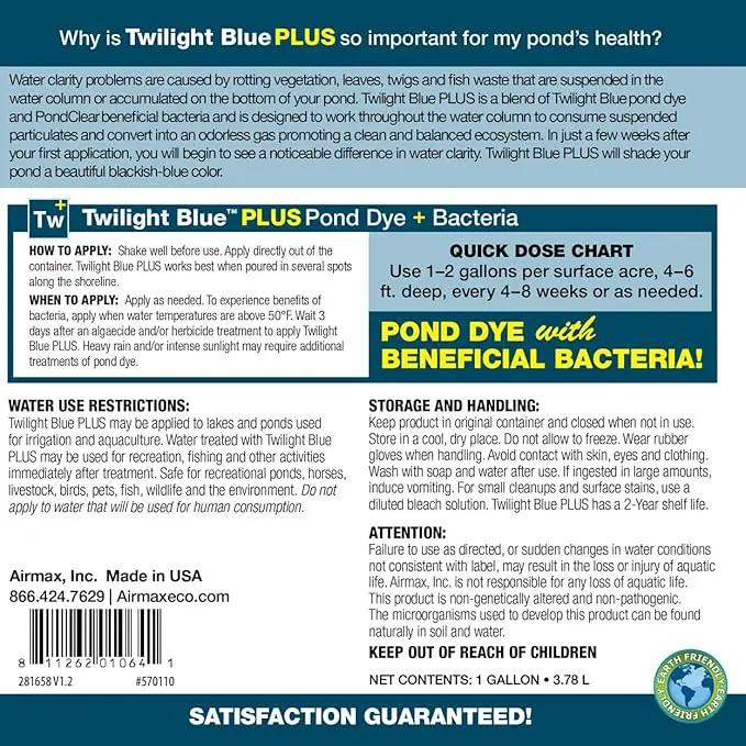 Airmax Pond Dye Plus, Twilight Blue Colorant & Natural Beneficial Bacteria, Large Pond & Lake Water Clarifier & Color Treatment, Shade Plants & Algae from Sunlight, Fish & Livestock Safe, 4 Gallons by GreenHaven Gardens