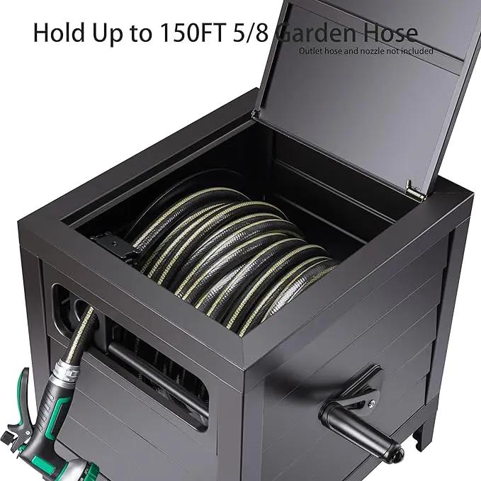 Metal Garden Hose Reel Deck box, Durable Steel Garden Hose Storage Box Cabinet, 150ft 5/8" Garden Hose Capacity. - Hose guide Manual Rewind, No-leak aluminum water connections by GreenHaven Gardens