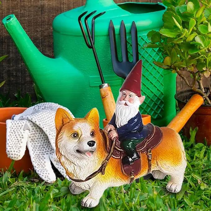 Funny Guy Mugs Garden Gnome Statue - Gnome Riding a Corgi - Indoor/Outdoor Garden Gnome Sculpture for Patio, Yard or Lawn by GreenHaven Gardens